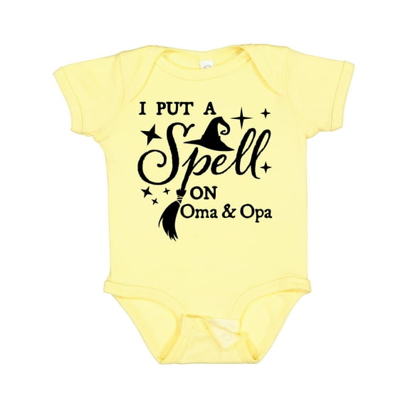 Inktastic I Put a Spell on Oma and Opa Witch Hat and Broom Boys or Girls Baby Bodysuit
