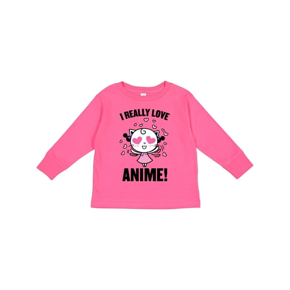 Inktastic I Really Love Anime with Cute Anime Cat and Hearts Boys or Girls Long Sleeve Toddler T-Shirt