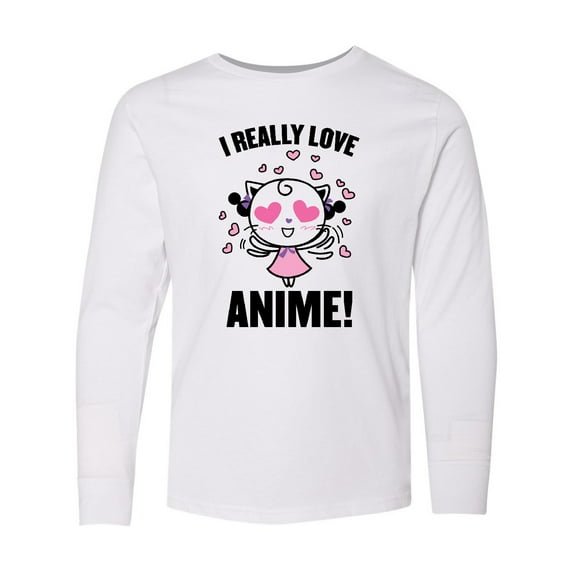 Inktastic I Really Love Anime with Cute Anime Cat and Hearts Long Sleeve Youth T-Shirt
