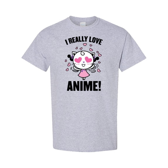 Inktastic I Really Love Anime with Cute Anime Cat and Hearts T-Shirt