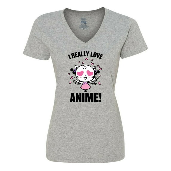 Inktastic I Really Love Anime with Cute Anime Cat and Hearts Women's V-Neck T-Shirt