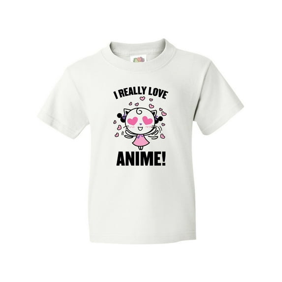 Inktastic I Really Love Anime with Cute Anime Cat and Hearts Youth T-Shirt