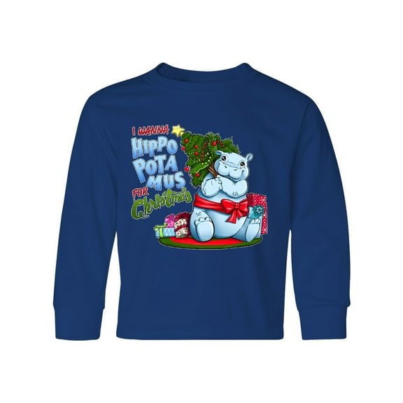 Inktastic I Wanna Hippopotamus for Christmas- Cute Hippo Long Sleeve Youth T-Shirt