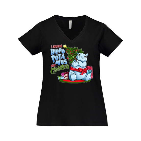 Inktastic I Wanna Hippopotamus for Christmas- cute hippo Women's Plus Size V-Neck T-Shirt