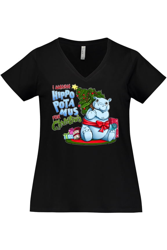 I Wanna Hippopotamus for Christmas- cute hippo Women's Plus Size V-Neck T-Shirt