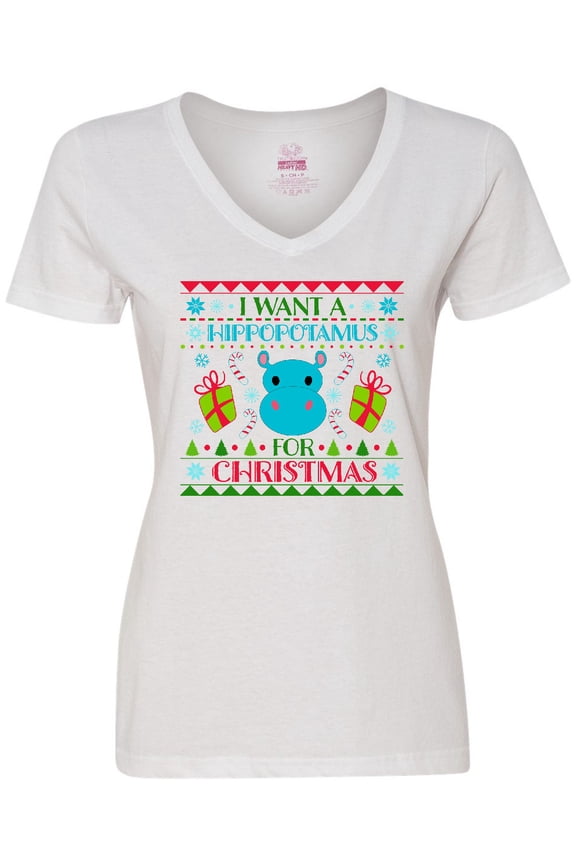 I Want a Hippopotamus for Christmas Cute Ugly Sweater Women's V-Neck T-Shirt