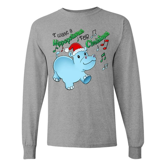 Inktastic I Want a Hippopotamus for Christmas Hippo in Santa Hat Long Sleeve T-Shirt