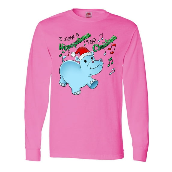 Inktastic I Want a Hippopotamus for Christmas Hippo in Santa Hat Long Sleeve T-Shirt