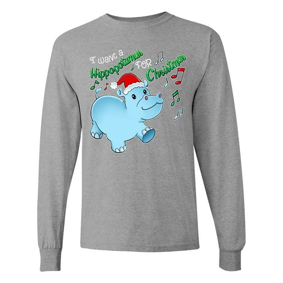 Inktastic I Want a Hippopotamus for Christmas Hippo in Santa Hat Long Sleeve T-Shirt