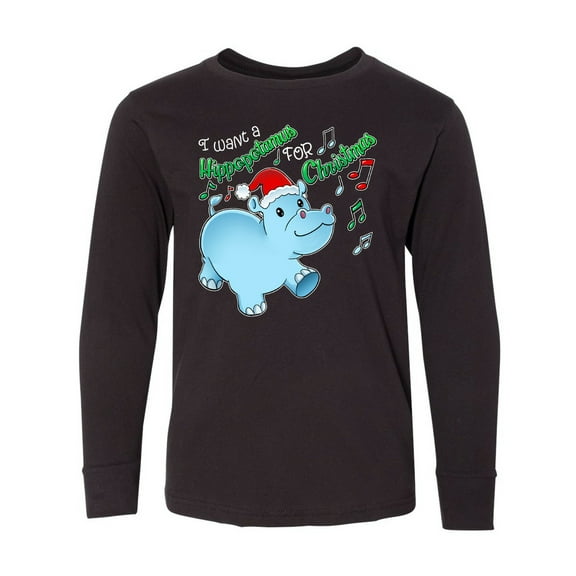 Inktastic I Want a Hippopotamus for Christmas Hippo in Santa Hat Long Sleeve Youth T-Shirt