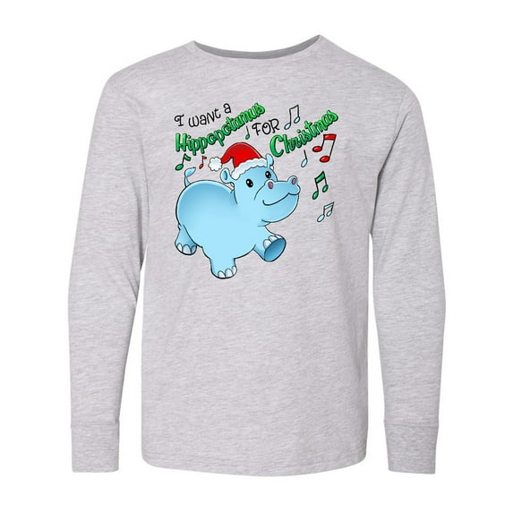 Inktastic I Want a Hippopotamus for Christmas Hippo in Santa Hat Long Sleeve Youth T-Shirt