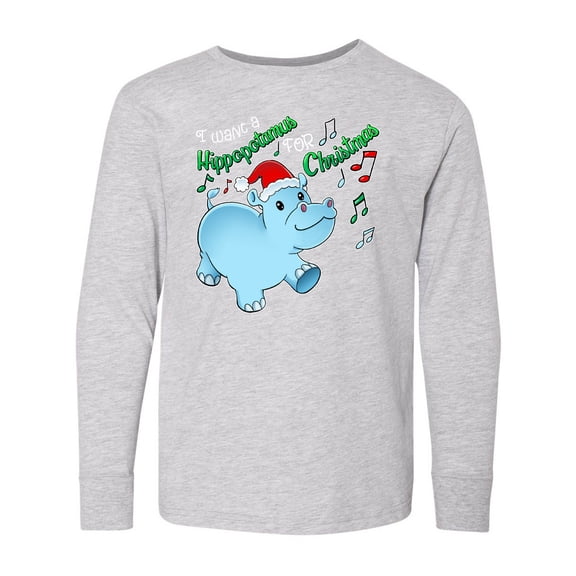 Inktastic I Want a Hippopotamus for Christmas Hippo in Santa Hat Long Sleeve Youth T-Shirt