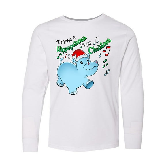 Inktastic I Want a Hippopotamus for Christmas Hippo in Santa Hat Long Sleeve Youth T-Shirt