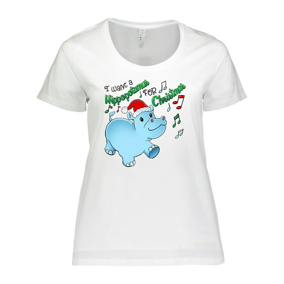 Inktastic I Want a Hippopotamus for Christmas Hippo in Santa Hat Women's Plus Size T-Shirt