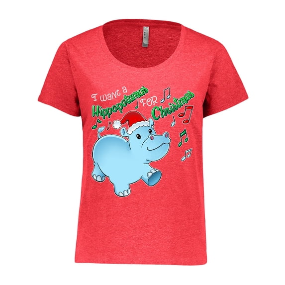 Inktastic I Want a Hippopotamus for Christmas Hippo in Santa Hat Women's Plus Size T-Shirt