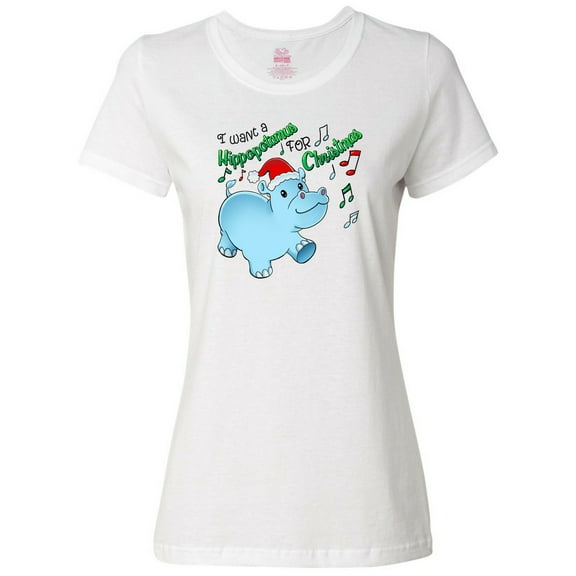 Inktastic I Want a Hippopotamus for Christmas Hippo in Santa Hat Women's T-Shirt