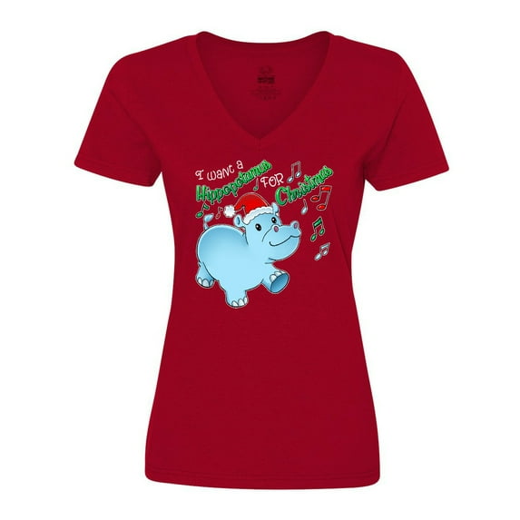 Inktastic I Want a Hippopotamus for Christmas Hippo in Santa Hat Women's V-Neck T-Shirt