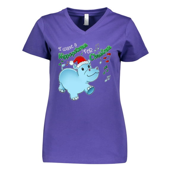 Inktastic I Want a Hippopotamus for Christmas Hippo in Santa Hat Women's V-Neck T-Shirt