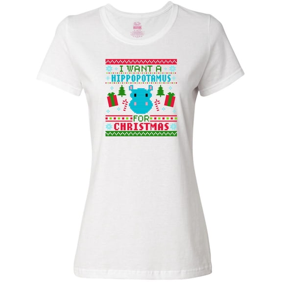 Inktastic I Want a Hippopotamus for Christmas Pixelated Ugly Sweater Women's T-Shirt