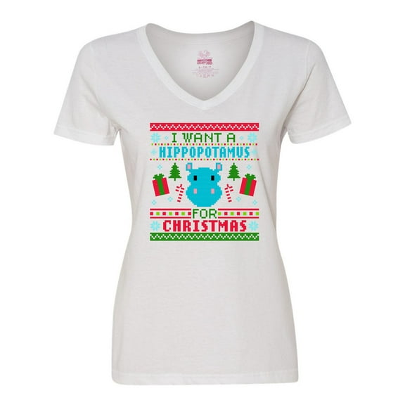 Inktastic I Want a Hippopotamus for Christmas Pixelated Ugly Sweater Women's V-Neck T-Shirt