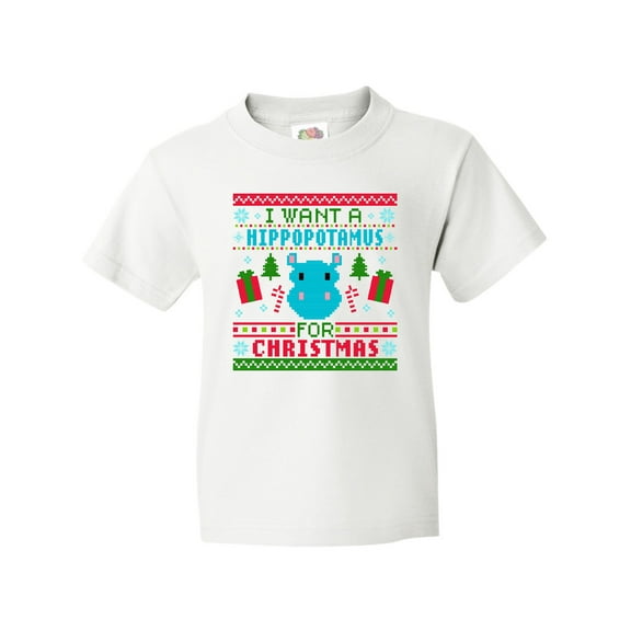 Inktastic I Want a Hippopotamus for Christmas Pixelated Ugly Sweater Youth T-Shirt