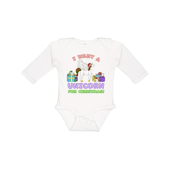 Inktastic I Want a Unicorn for Christmas with Presents Boys or Girls Long Sleeve Baby Bodysuit