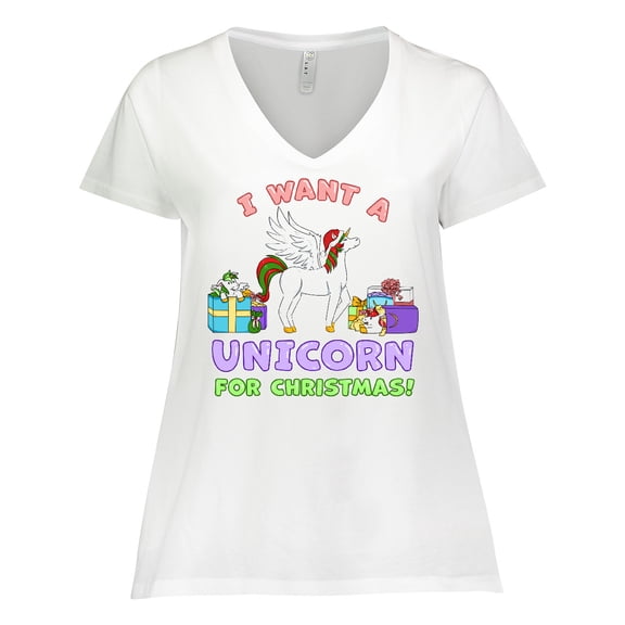 Inktastic I Want a Unicorn for Christmas with Presents Women's Plus Size V-Neck T-Shirt