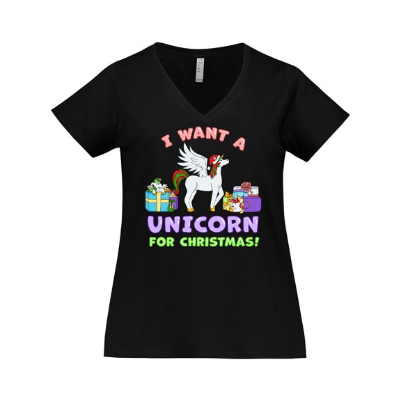Inktastic I Want a Unicorn for Christmas with Presents Women's Plus Size V-Neck T-Shirt