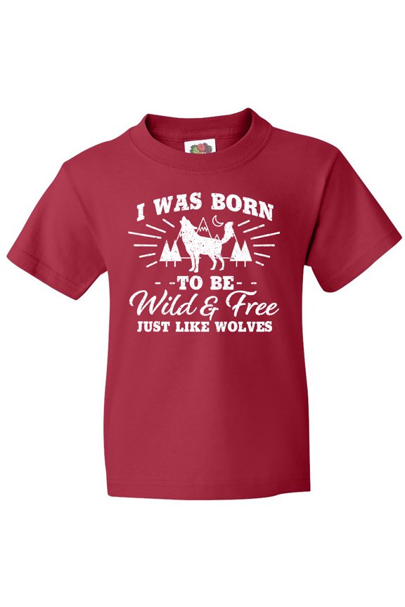 I Was Born to Be Wild and Free with Wolf and Mountains Youth T-Shirt