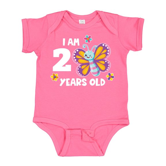 Inktastic I am 2 Years Old Cute Smiling Butterfly with Flowers Girls Baby Bodysuit