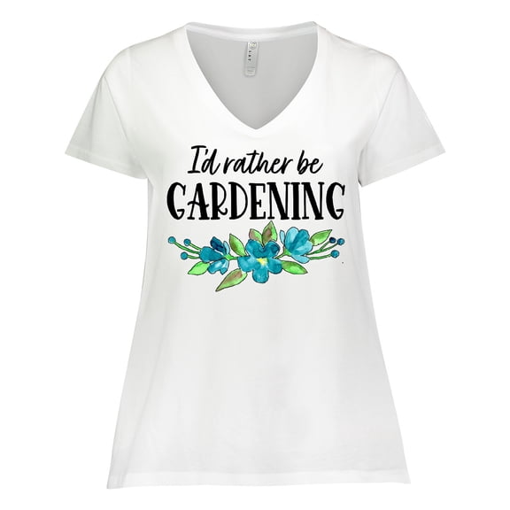 Inktastic I'd Rather Be Gardening Blue Flowers Women's Plus Size V-Neck T-Shirt