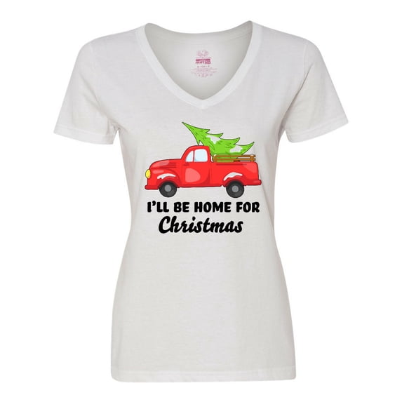 Inktastic I'll Be Home for Christmas Truck with Tree Women's V-Neck T-Shirt