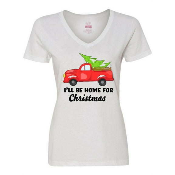 Inktastic I'll Be Home for Christmas Truck with Tree Women's V-Neck T-Shirt