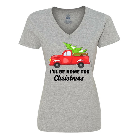 Inktastic I'll Be Home for Christmas Truck with Tree Women's V-Neck T-Shirt