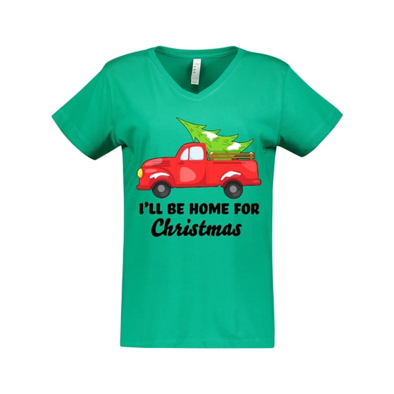 Inktastic I'll Be Home for Christmas Truck with Tree Women's V-Neck T-Shirt