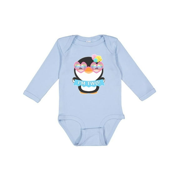 Inktastic I'm 2 Cute Penguin with Sunglasses and Flowers Boys or Girls Long Sleeve Baby Bodysuit