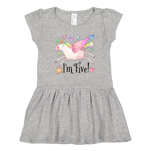 Inktastic I'm 5 Cute Rainbow Unicorn with Stars and Hearts Girls Toddler Dress