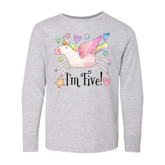 Inktastic I'm 5 Cute Rainbow Unicorn with Stars and Hearts Long Sleeve Youth T-Shirt