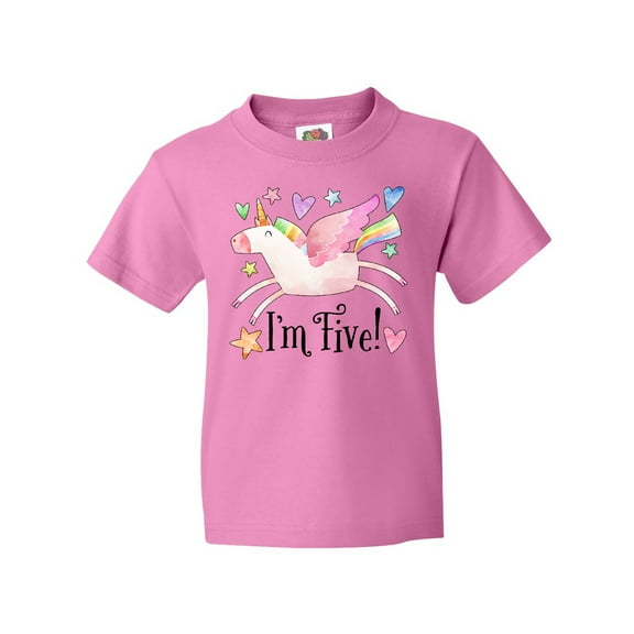 Inktastic I'm 5 Cute Rainbow Unicorn with Stars and Hearts Youth T-Shirt