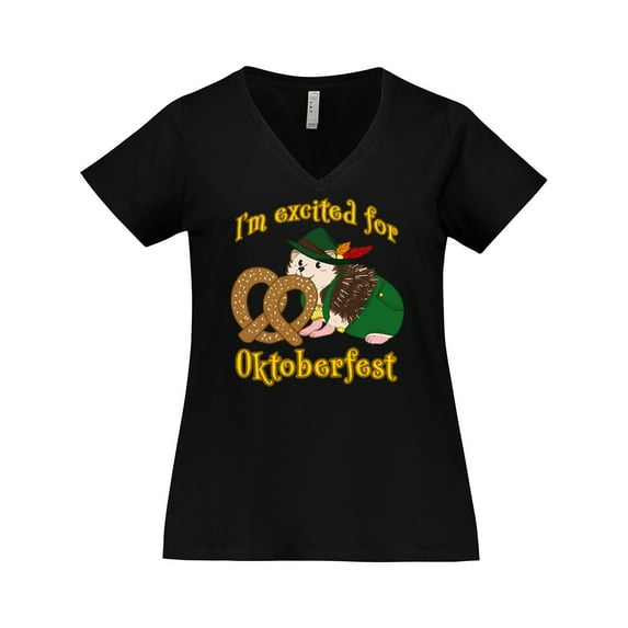 Inktastic I'm Excited for Oktoberfest with Cute Hedgehog Women's Plus Size V-Neck T-Shirt