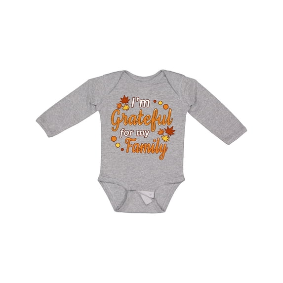 Inktastic I'm Grateful for my Family in Orange with Fall Leaves Boys or Girls Long Sleeve Baby Bodysuit