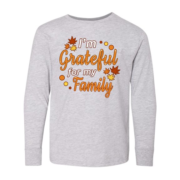 Inktastic I'm Grateful for my Family in Orange with Fall Leaves Long Sleeve Youth T-Shirt