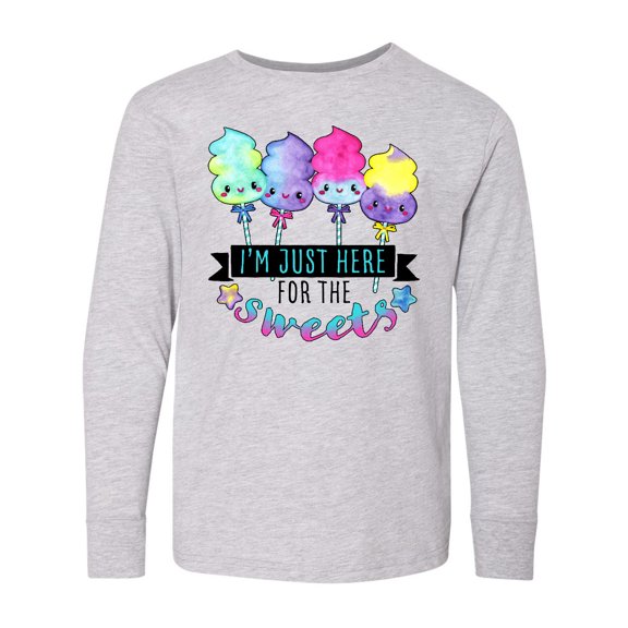 Inktastic I'm Just Here for the Sweets with Spun Sugar Candy Long Sleeve Youth T-Shirt