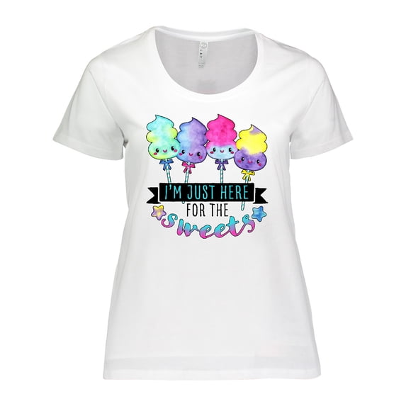 Inktastic I'm Just Here for the Sweets with Spun Sugar Candy Women's Plus Size T-Shirt