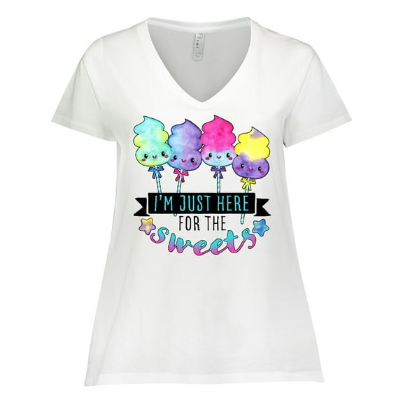 Inktastic I'm Just Here for the Sweets with Spun Sugar Candy Women's Plus Size V-Neck T-Shirt