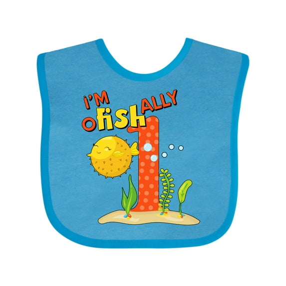 Inktastic I'm O-fish-ally One- Cute Puffer Fish First Birthday Boys or Girls Baby Bib