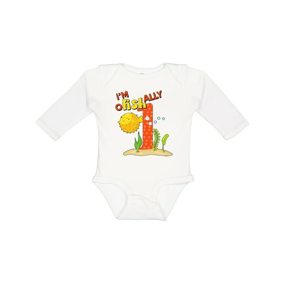 Inktastic I'm O-fish-ally One- Cute Puffer Fish First Birthday Boys or Girls Long Sleeve Baby Bodysuit