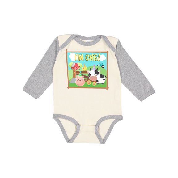 Inktastic I'm One Farm Animals Wearing Birthday Party Hats Boys or Girls Long Sleeve Baby Bodysuit