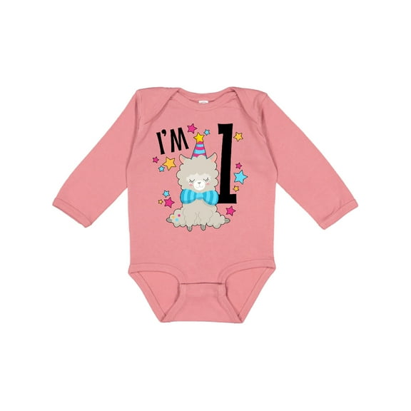 Inktastic I'm One- cute llama first birthday Boys or Girls Long Sleeve Baby Bodysuit