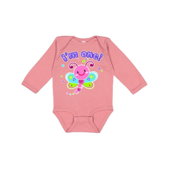 Inktastic I'm One- dragonfly First Birthday Girls Long Sleeve Baby Bodysuit